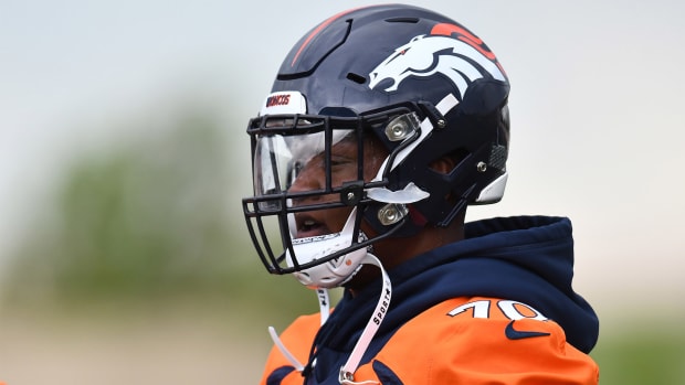 Jun 4, 2019; Denver, CO, USA; Denver Broncos offensive tackle Ja'Wuan James (70) looks on during mini camp drills at the Pat Bowlen Fieldhouse at UCHealth Training Center.